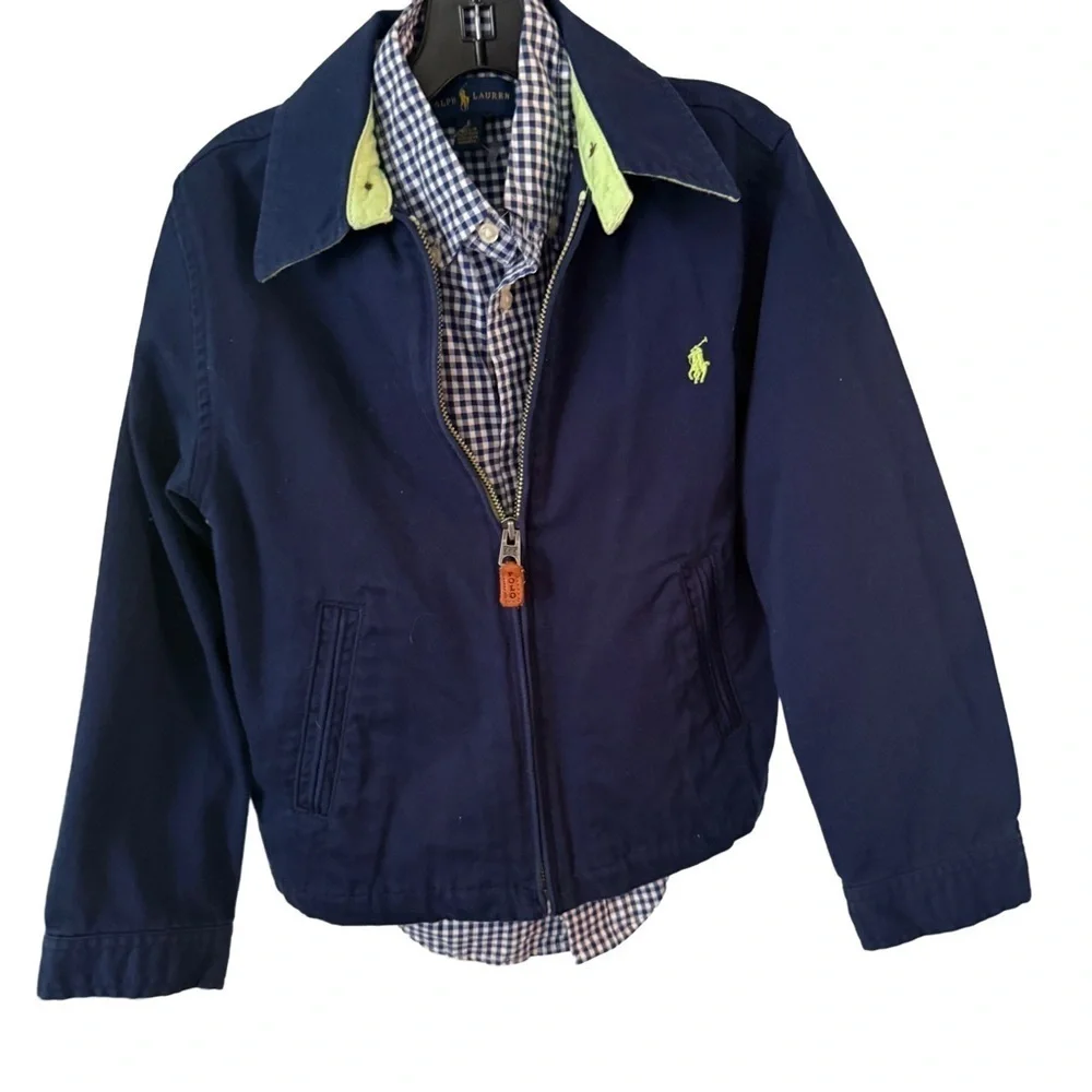 Ralph Lauren Boys Zip Up Blue Jacket & Blue Check Shirt Sz 6, 2 Pcs Set